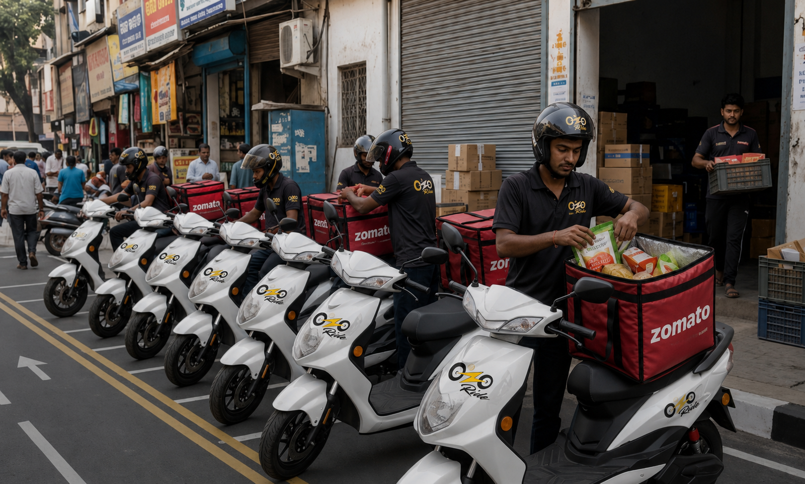 Ozoride white EV scooties with Zomato delivery riders